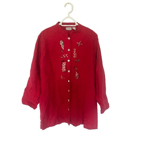 Chicos Linen Embroidered Red Button Up Shirt Size L - Picture 3 of 8